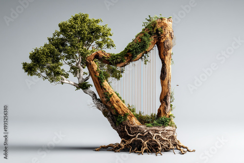 A harp made from living trees and natural elements. A symbol of harmony between humans and the environment. Respect for the planet.