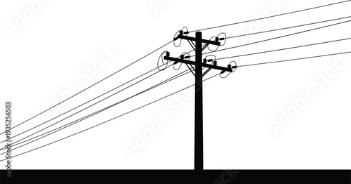 Electric Utility Pole with Power Lines Silhouette Vector Illustration, High Voltage Transmission Wires Isolated on White Background Design