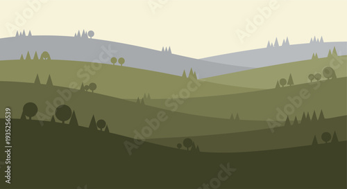 Scenic landscape illustration features rolling green hills and silhouettes of trees in a muted color palette, creating a serene and minimalist mood suitable for various design applications.