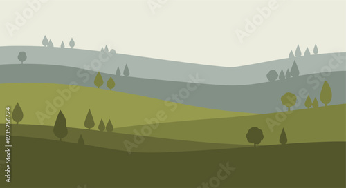 Vector illustration depicting a serene rolling hills landscape with tree silhouettes in shades of green, creating a calm and minimalist scene. Use for background, design.