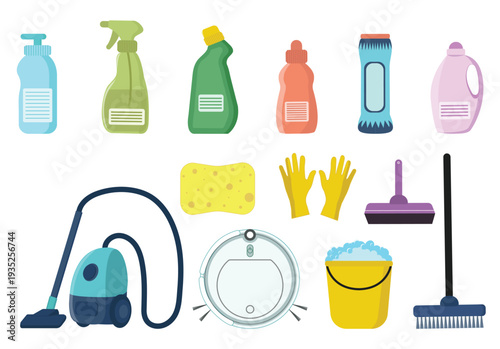 Cleaning products for home cleaning set, robot vacuum cleaner, vacuum cleaner, mop, brush, bucket of water, sponge, toilet duck, household gloves