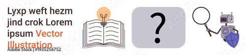 Education, innovation, problem-solving, inquiry, research, cybersecurity. Open book with light bulb, question mark magnifying glass and robot with shield. Education and innovation concepts