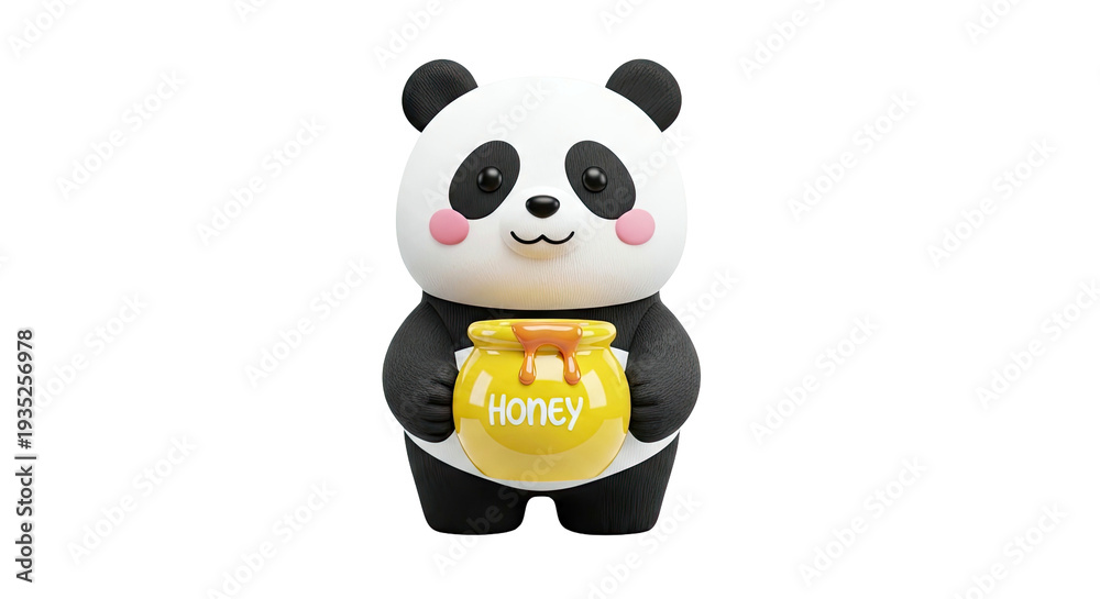 Naklejka premium Cute 3D Panda Holding a Pot of Honey