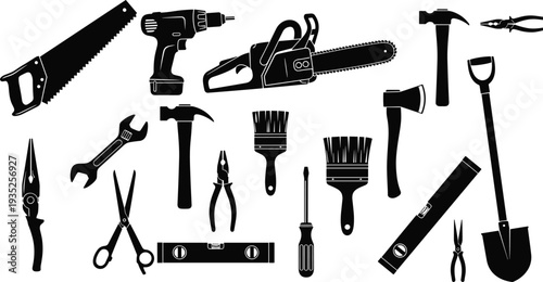 Black Vector Silhouettes of Construction Tools Set with Saw Drill Chainsaw Hammer Pliers Screwdriver Level Shovel Paintbrush and Axe on White