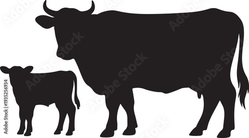 cow and calf silhouette black white farm animal vector icon illustration