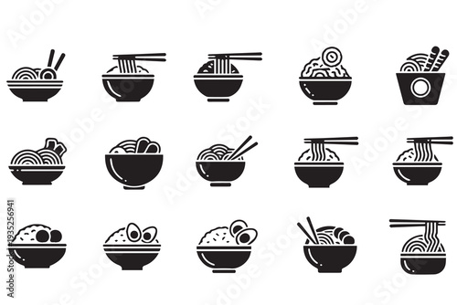 Japanese Ramen and Noodle Bowl Icon Set: Minimalist Asian Cuisine Symbols