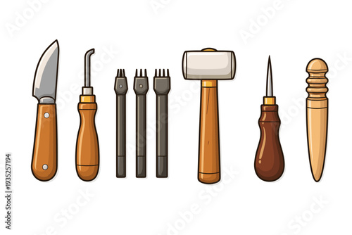 Collection of leatherworking tools including a skiving knife, awl, punches, and mallet