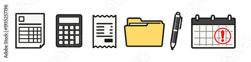 Financial and administrative icons representing accounting, planning, and organization