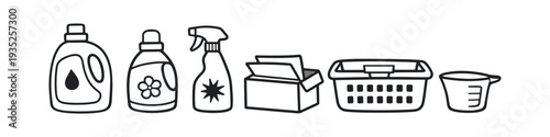 Collection of laundry and cleaning supplies including detergent, spray bottle, box, basket, and cup