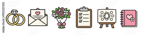 Wedding planning icons: rings, invitation, bouquet, checklist, mood board, and journal