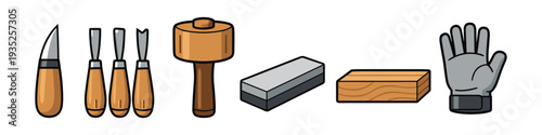 Wood carving tools and safety equipment laid out for crafting projects