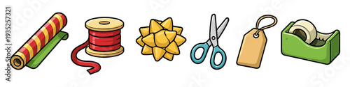Gift wrapping supplies including paper, ribbon, bow, scissors, tag, and tape dispenser