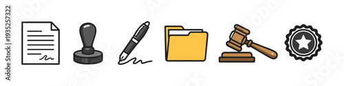 Legal and business icons: document, stamp, pen, folder, gavel, and seal