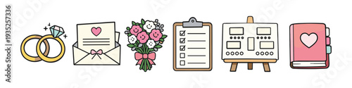 Wedding planning icons: rings, invitation, bouquet, checklist, mood board, and planner