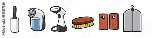 Collection of laundry and garment care tools including lint roller, fabric shaver, steamer, brush, and garment bag