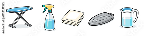 Household ironing and cleaning supplies collection, cartoon style