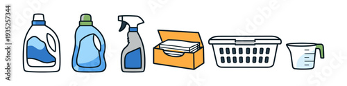 Collection of laundry supplies including detergent, spray cleaner, wipes, basket, and measuring cup