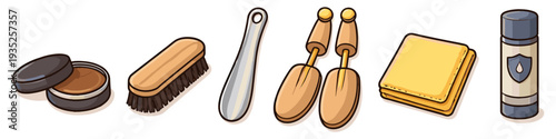 Collection of shoe care products and accessories for maintaining footwear