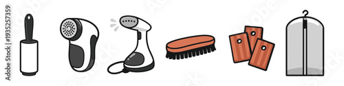 Collection of laundry and garment care tools including a lint roller, fabric shaver, steamer, brush, and garment bag