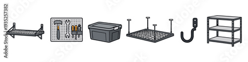 Garage organization and storage solutions including shelves, pegboard, bins, and hooks