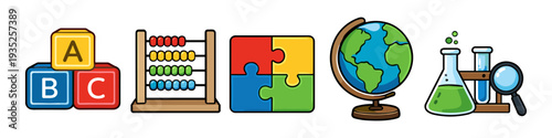 Educational icons representing learning, science, and early childhood development