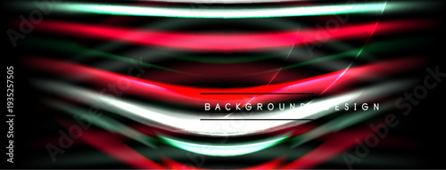 Abstract design features vibrant glowing lines, red, white, green hues over black background. Modern, dynamic visual element.