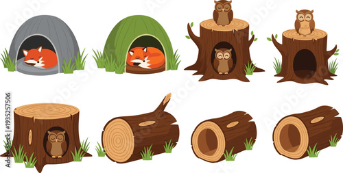 Forest Animal Homes Collection with Fox Den and Owl Tree Stump Hollow Vector Illustration Isolated on White Background