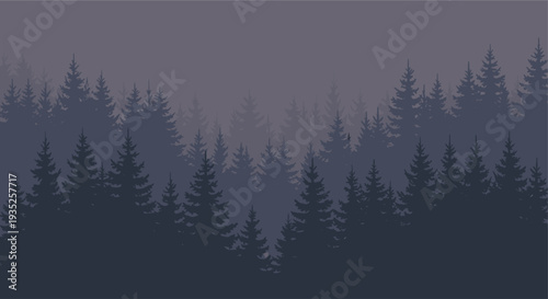 Misty forest silhouette featuring layers of pine trees creating depth in shades of grey and blue; evokes peace, nature, and could be used for backgrounds.