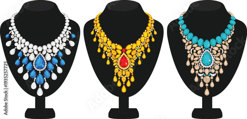 PrintLuxury Statement Necklace Collection with Colorful Gemstones and Elegant Jewelry Display Fashion Accessory Vector Illustration