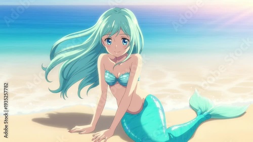 Anime Mermaid Girl with Teal Hair and Tail on Sandy Beach