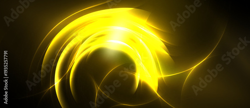 Bright yellow swirls radiate from center. Dark background emphasizes luminous curves, creating dynamic visual effect.