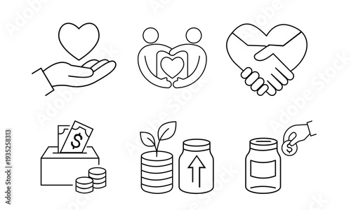 Charity and financial donation line icon set. Concepts of helping hands, partnership, community care, donation box with cash, and sustainable growth through social investment.