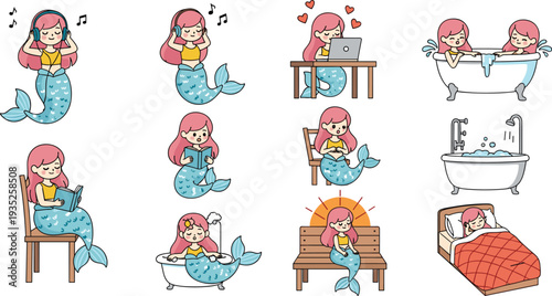 Cute Mermaid Daily Life Cartoon Set with Reading, Music, Bath, Work and Relax Activities Fantasy Vector Illustration Collection