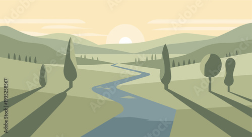 A serene illustration depicts a river meandering through a green landscape with trees silhouetted against a pale sunset, creating a peaceful and stylized scenic view.