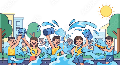 Joyful people celebrating with water splashes during a lively festival outdoors