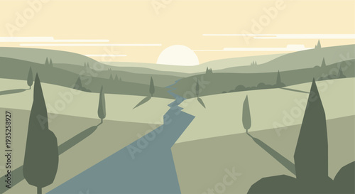 Vector illustration of a calming landscape with a river running through rolling hills under a pastel sunset. Perfect for travel, design, and calm visuals.