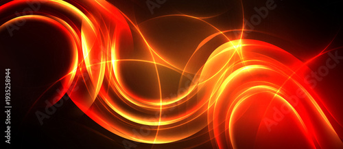 Abstract red energy flows, dynamic curves, bright light effects. Warm tones dominate dark background, creating vibrant visual impact.