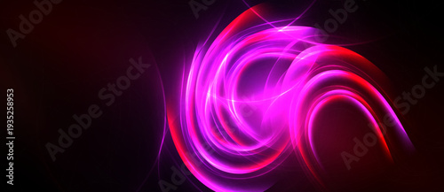 Bright swirls, vibrant pinks, reds against dark background. Dynamic energy radiates from central focal point. Abstract design.