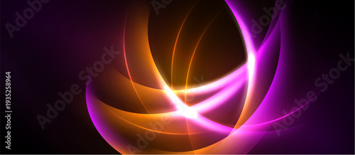 Abstract design features vibrant curves, glowing lines. Purple, orange hues dominate dark background. Dynamic energy radiates from central point.