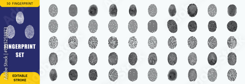 Collection of fingerprint icons for detective work. Ten different thumbprint patterns with detailed ridges. Police identification and criminal record verification set