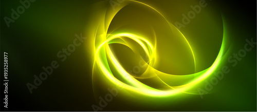 Bright yellow swirls dominate dark green background. Abstract light shapes create dynamic energy, flowing curves suggest movement.