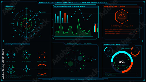Futuristic head-up display interface with digital data visualization charts radar modules and telemetry dashboard elements