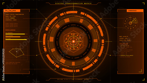 Futuristic orange HUD interface with digital transformation matrix and cyberspace data visualization elements on dark background