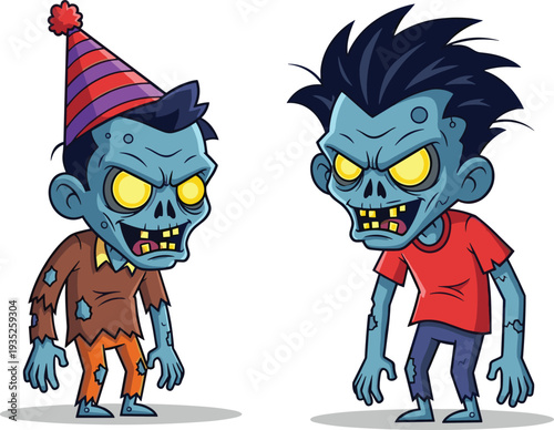 Spooky cartoon zombie boy wearing a party hat alongside a creepy undead friend with spiky black hair, halloween monster characters vector illustration set.