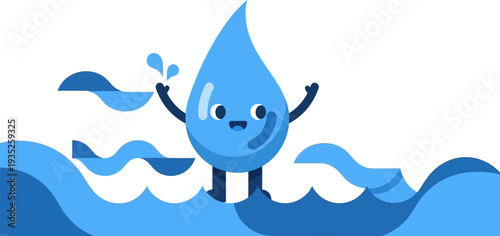 Cheerful cartoon water droplet character joyfully splashing in stylized blue waves, symbolizing water conservation, purity, and refreshing hydration