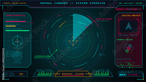 Futuristic cyberpunk HUD interface with radar system diagnostics and tactical analysis dashboard for sci-fi gaming or technology concepts