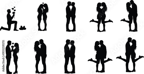 Romantic couple silhouettes collection featuring proposal and kissing poses isolated on white background love relationship vector illustration set
