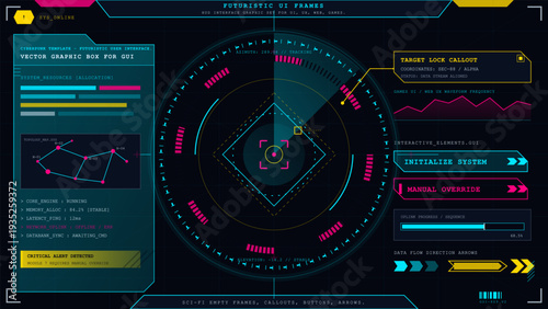 Futuristic heads up display interface with digital data screens and cyberpunk user interface elements for gaming and technology