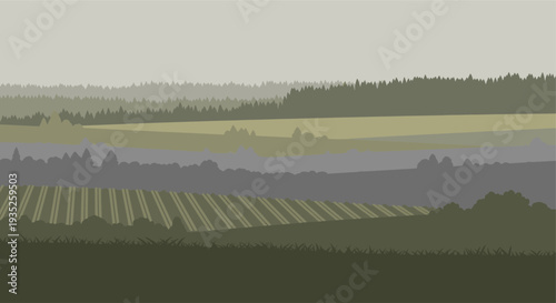 An abstract landscape illustration showing rolling hills, fields with rows, and a distant forest line under an overcast sky in muted greens and grays.
