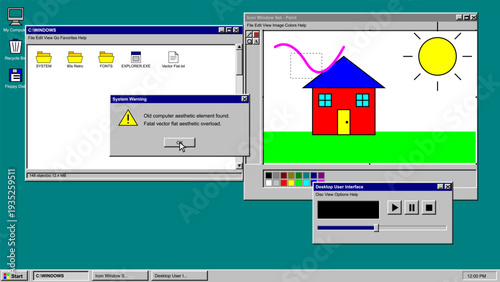 Vintage computer operating system desktop interface with open icons and system warning message in classic nineties style
